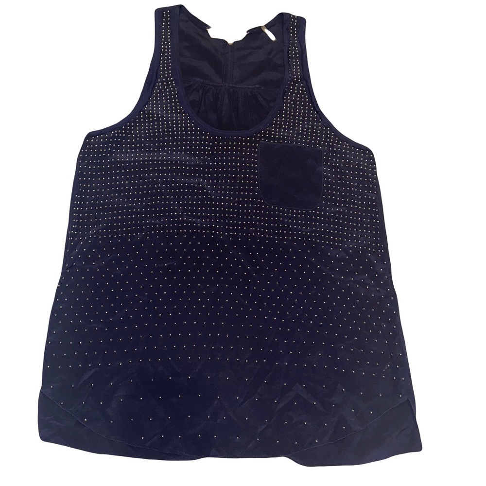 Rebecca Taylor 100% Silk Sleeveless Studded Blouse with Pocket Navy Sz 6